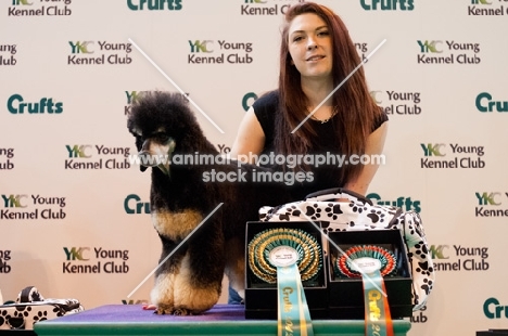 Poodle and young owner on podium after winning grooming competition at Crufts 2012